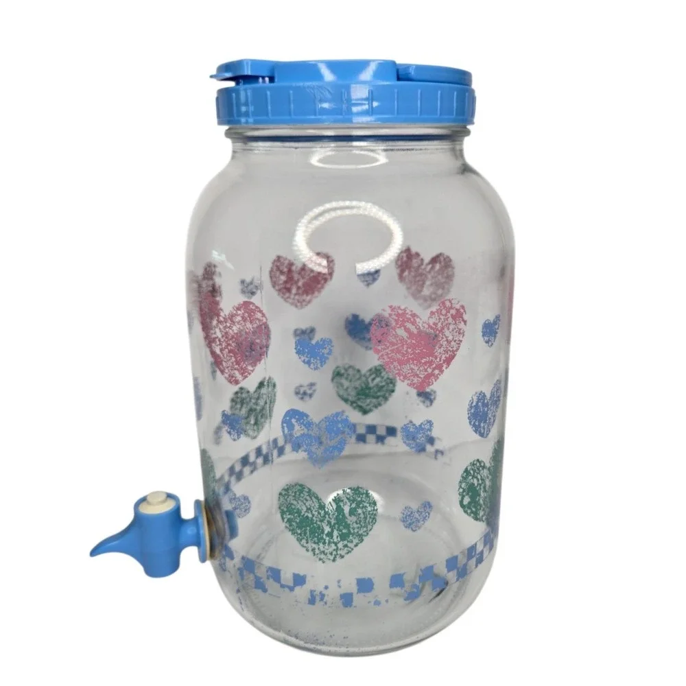 Country Hearts & Checkers Glass Sun Tea Jar W Blue Plastic Lid & Spigot Vtg 80s